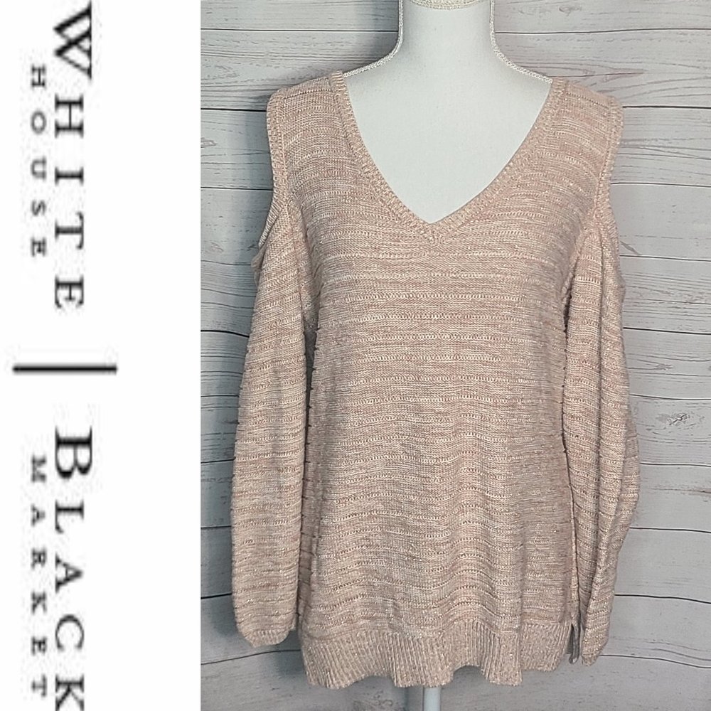 WHBM Pink Heather Sparkle V Neck Cold Shoulder Sweater